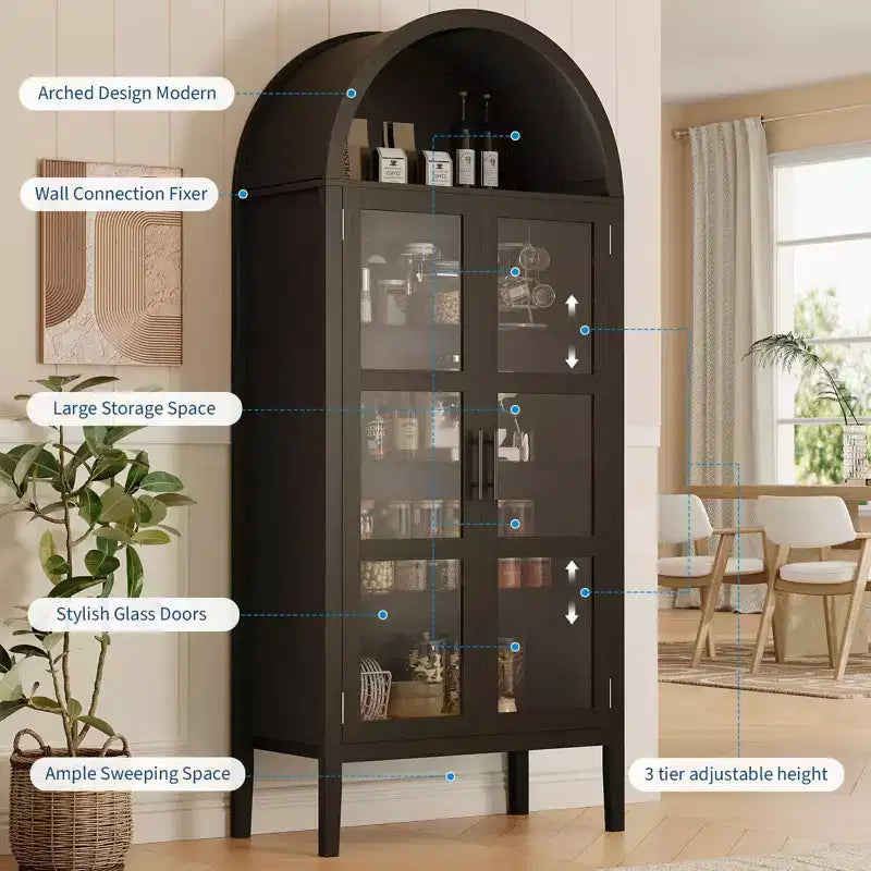2026 Armario de almacenamiento arqueado negro/blanco de 71" con luces LED y puertas de cristal