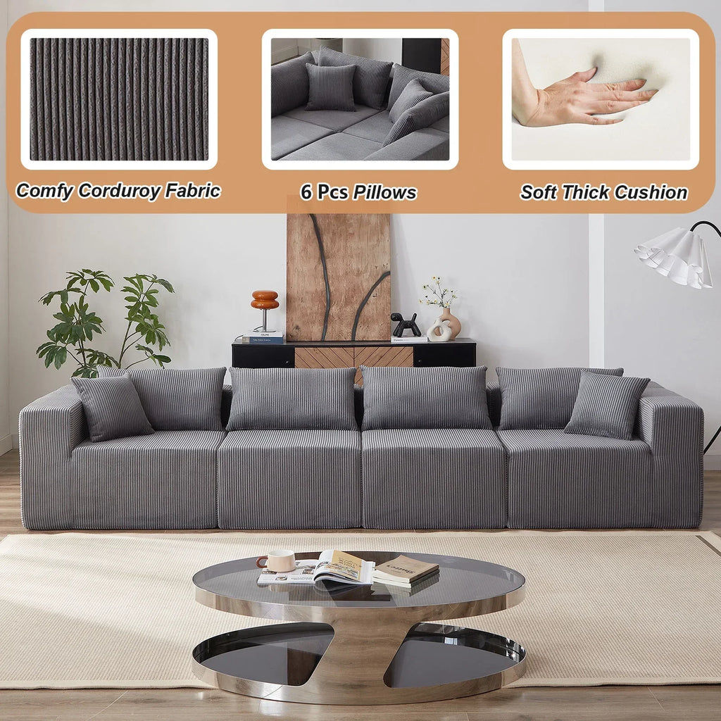 2026 New104-Inch Corduroy Modular L Shaped Sectional Sofa,Luxury Floor Couch Set,Upholstered Indoor Furniture,Foam-Filled Compressed Sofa for Living Room,Bedroom,4 PC Free Combination