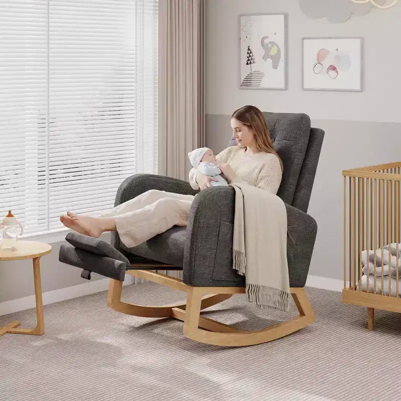 2026 Sillón mecedora deslizante tapizado con bolsillo lateral, estructura de madera, 1 plaza