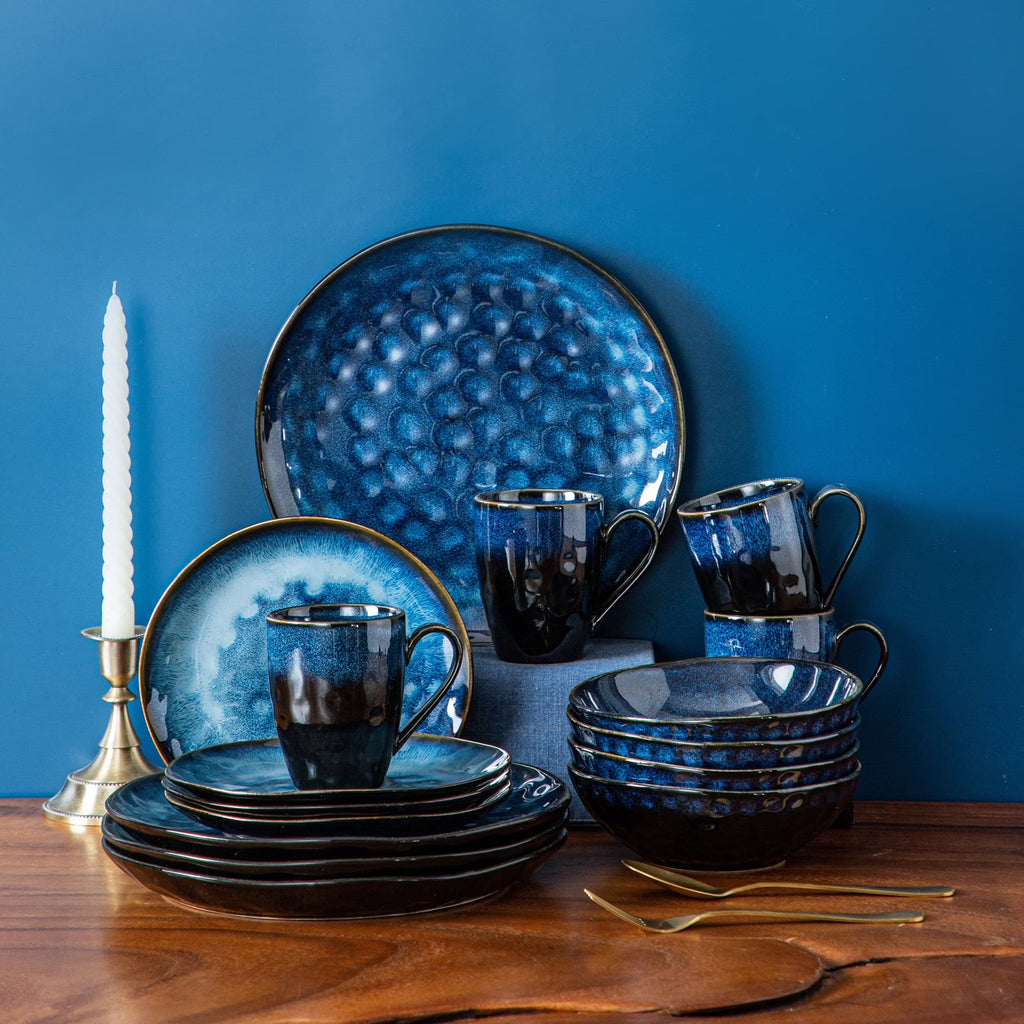 2026 NewVancasso,16-Piece Stoneware Dinnerware Set, Blue Dinner Set, Service for 4