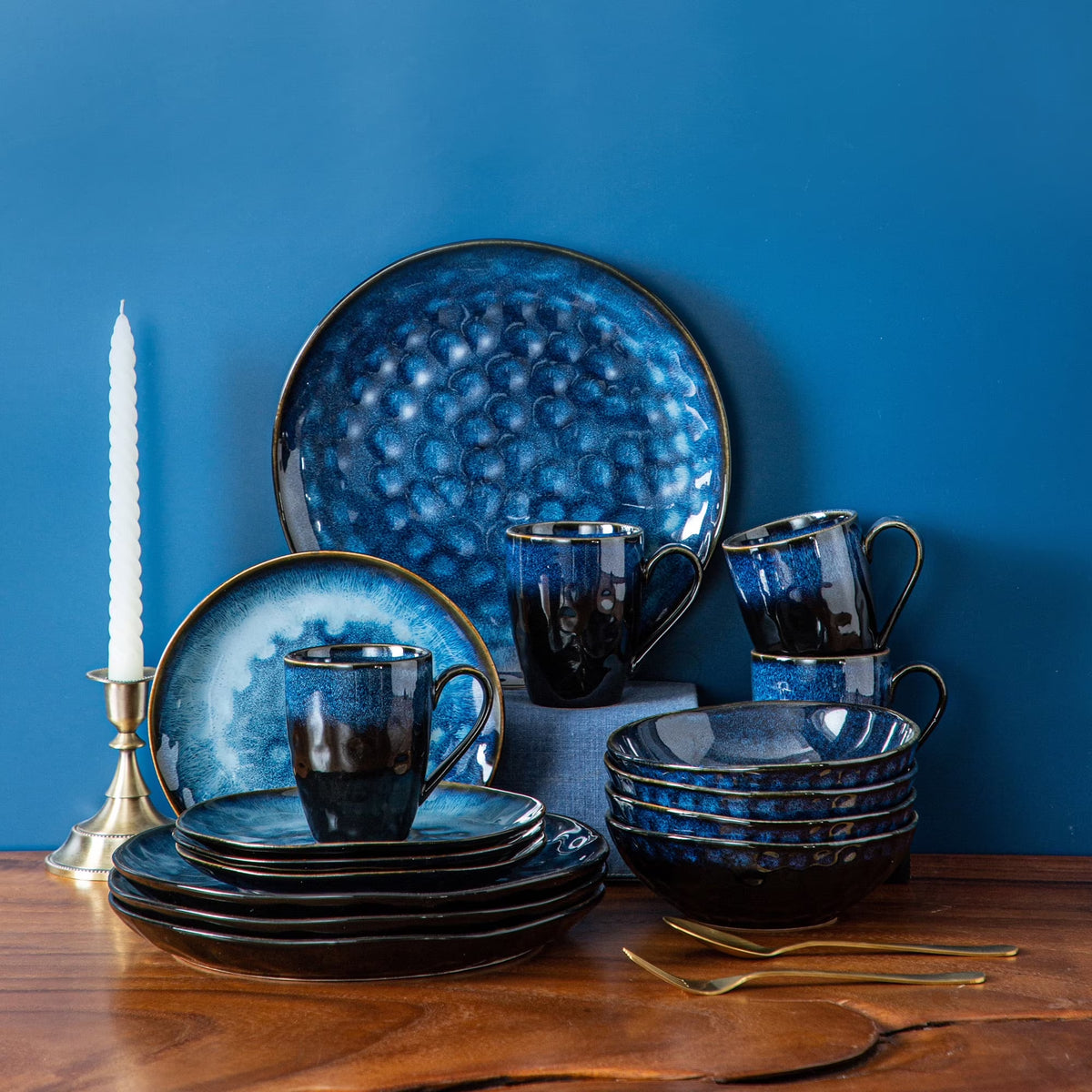 2026 NewVancasso,16-Piece Stoneware Dinnerware Set, Blue Dinner Set, Service for 4
