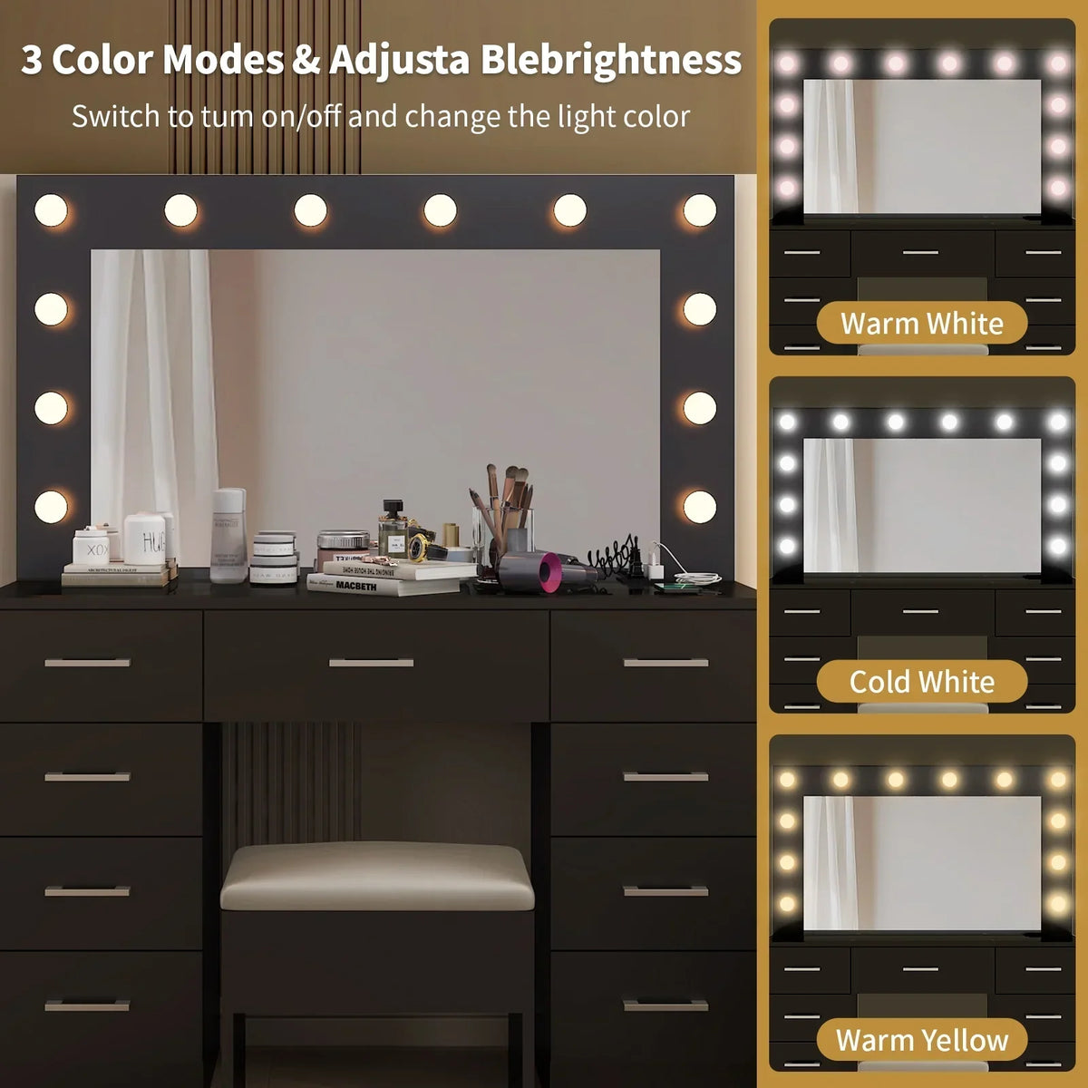 2026 NewKtaxon Large Makeup Vanity, Vanity Table Set w/ Visible Glass Top w/ Charging Station, White