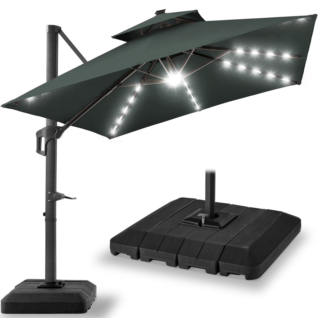 2026 NewBest Choice Products 10x10ft 2-Tier Square Outdoor Solar LED Cantilever Patio Umbrella w/ Base Included - Tan