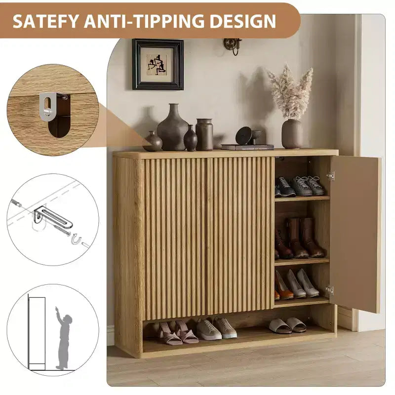 2026 Zapatero de madera de 46" con puerta acanalada, almacenamiento ajustable para 30–35 pares