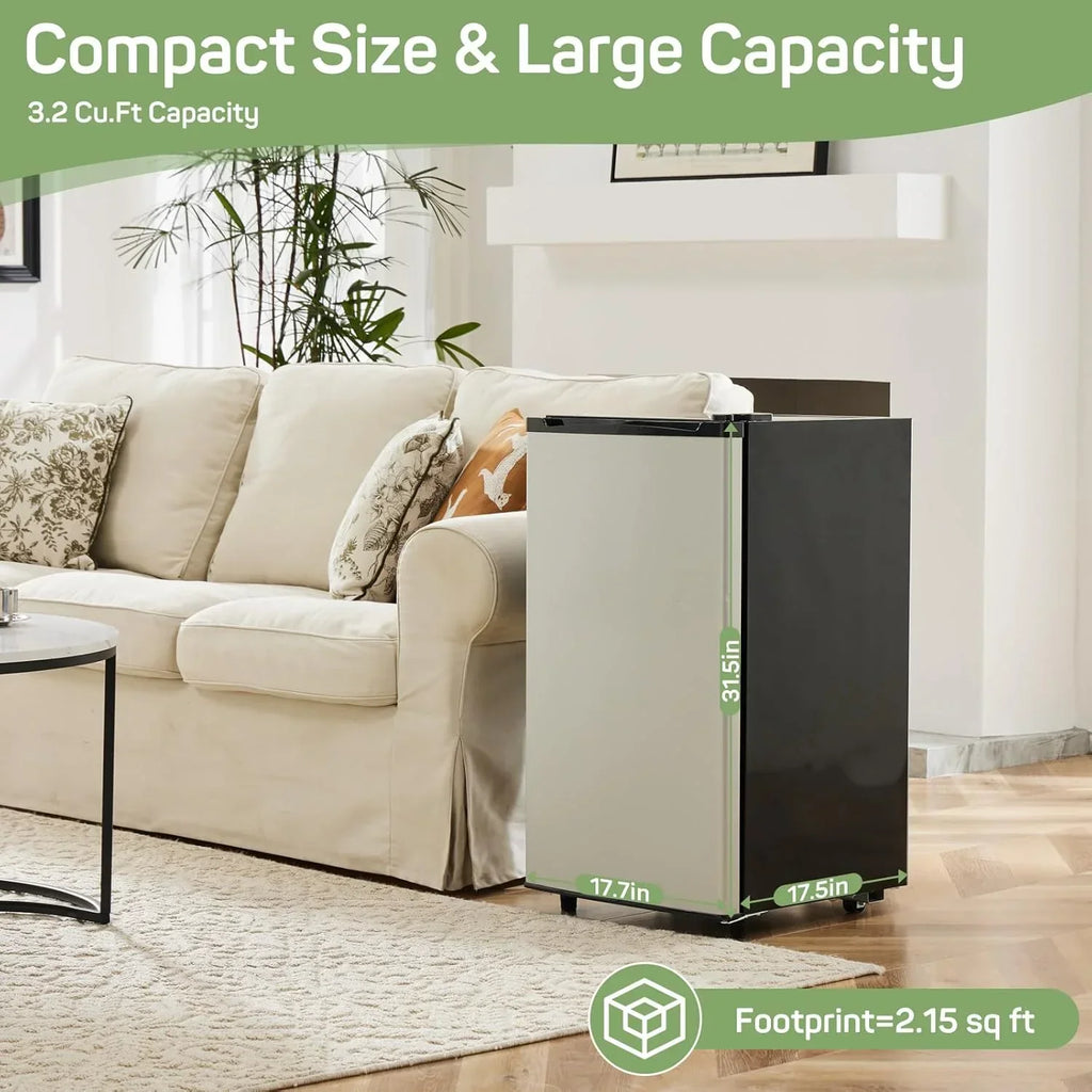 2026 NewMini Fridge for Bedroom 3.2 Cu.Ft Small Refrigerator with Freezer for Dorm Office, Compact Single Door Adjustable Thermostat Low Noise,Black