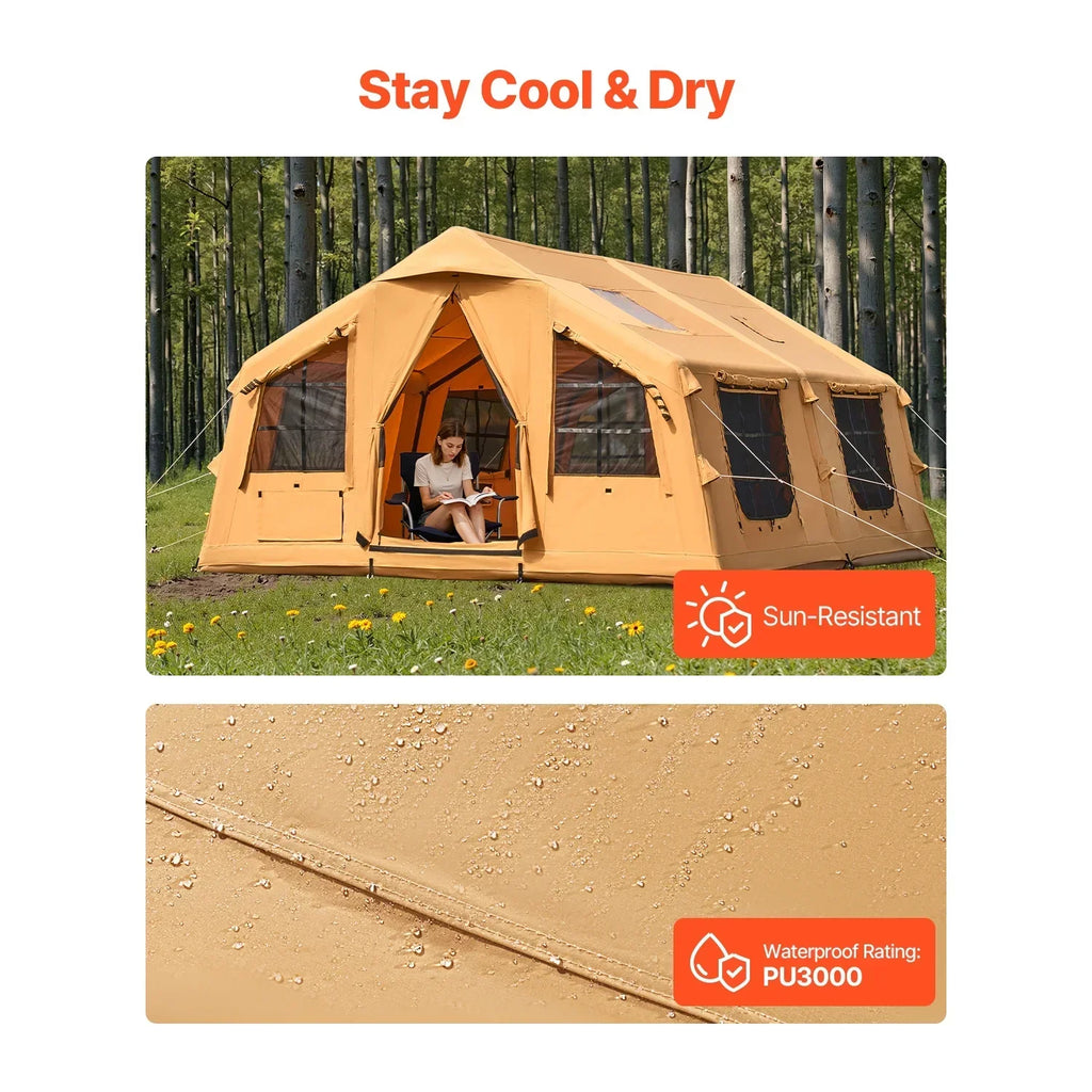 2026 NewKFFKFF Inflatable Camping Tent for 8-12 Person, 15.75 x 11.81 x 7.22 Ft Glamping Blow up Tent with Hand Pump, Waterproof Air Tent, All-Weather Camping Shelter with Dual Sunroofs, Stove Jack