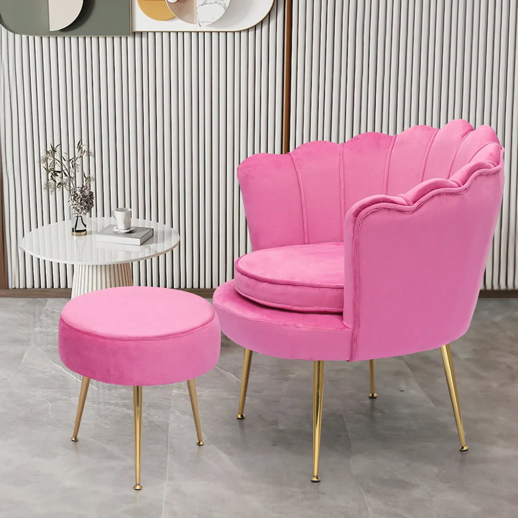 2026 NewMoNiBloom Set of 2 Velvet Tufted Accent Chair with Pillow and Stool, Upholstered Modern Single Sofa Side Chair with Padded Seat and Golden Metal Legs, Living Room Armchair, Black
