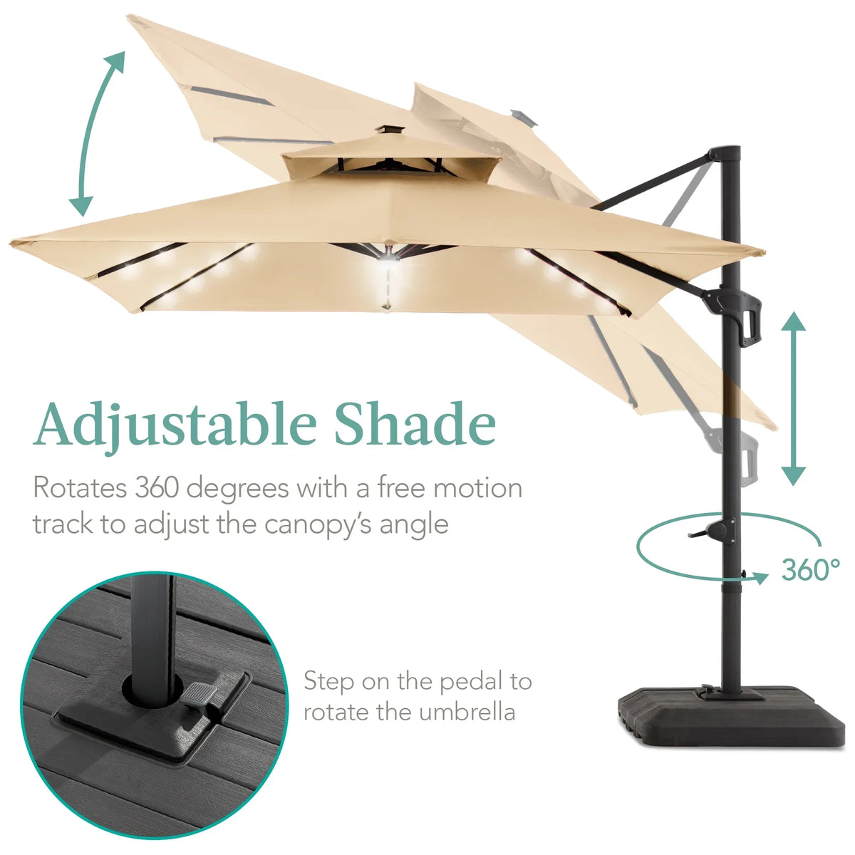 2026 NewBest Choice Products 10x10ft 2-Tier Square Outdoor Solar LED Cantilever Patio Umbrella w/ Base Included - Tan