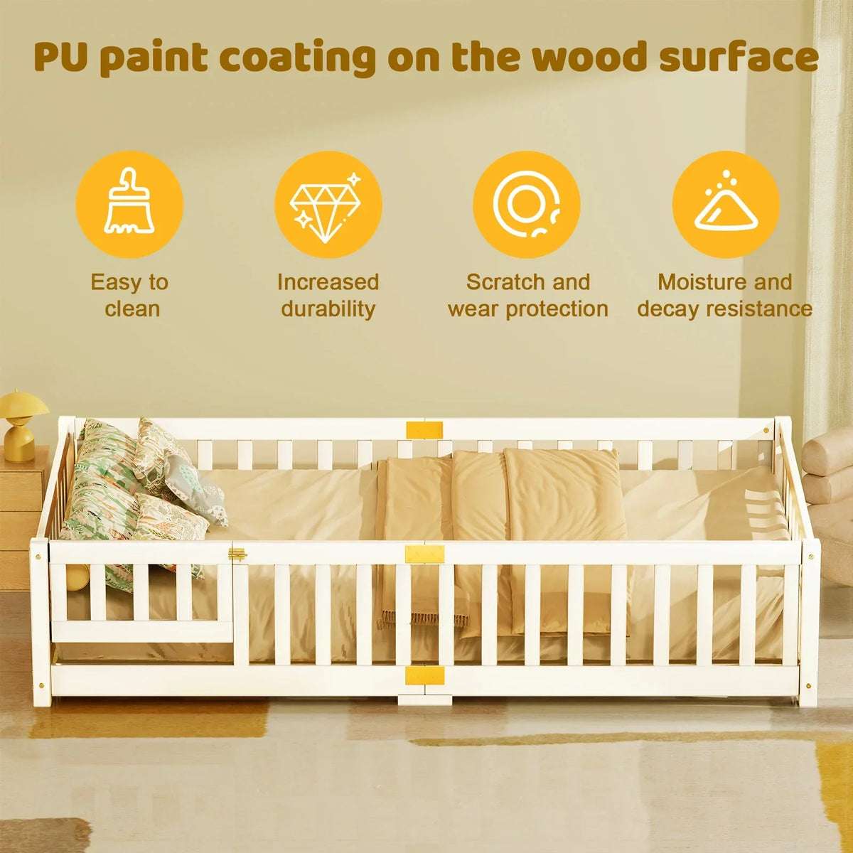 2026 NewSlsy Twin Size Toddler Floor Bed, Solid Wood Montessori Bed Frame with Fence & Door Montessori Floor Bed Crib with Safety Guardrails for Girls and Boys