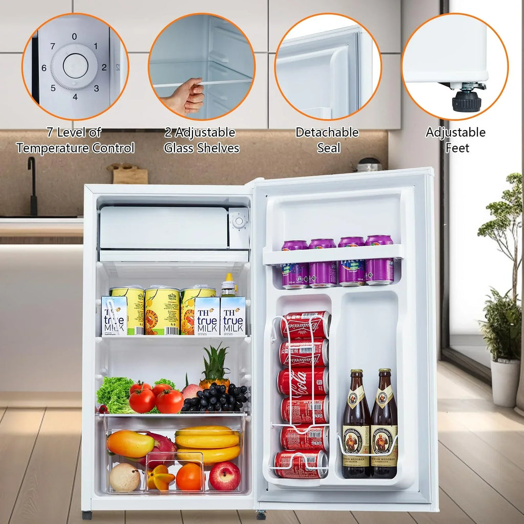 2026 NewMini Fridge with Freezer, 3.2 Cu. Ft Small Refrigerator for Bedroom,7 Adjustable Thermostat,Low Noise,Easy to Storage&Clean Single Door,Refrigerator For Home, Office, Dorm, Garage or RV