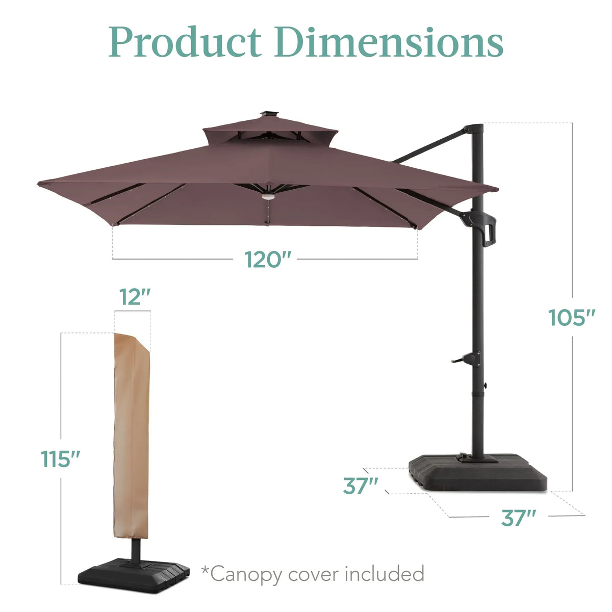 2026 NewBest Choice Products 10x10ft 2-Tier Square Outdoor Solar LED Cantilever Patio Umbrella w/ Base Included - Tan