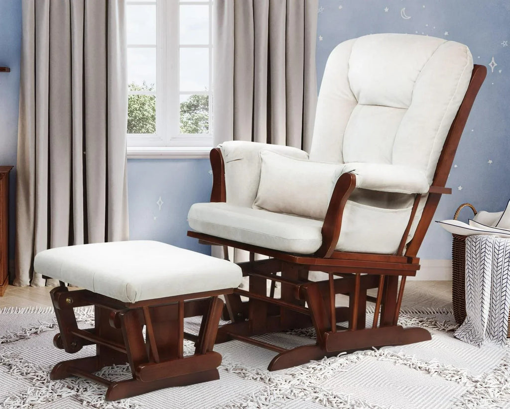 2026 NewAFG Alice Glider and Ottoman with Pillow. Espresso Finish with Beige Cushions