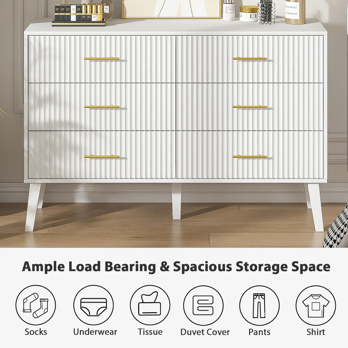 2026 NewFluted 6 Drawers Dresser, Wide Modern Chest of Drawers, 6 Drawer Double Dresser