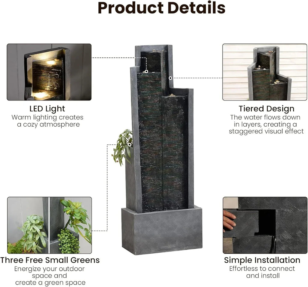 2026 NewOutdoor Modern Waterfall Fountain Water Fall Fountains with LED Lights for Garden, Patio, Backyard, Deck, Porch and Home Decor