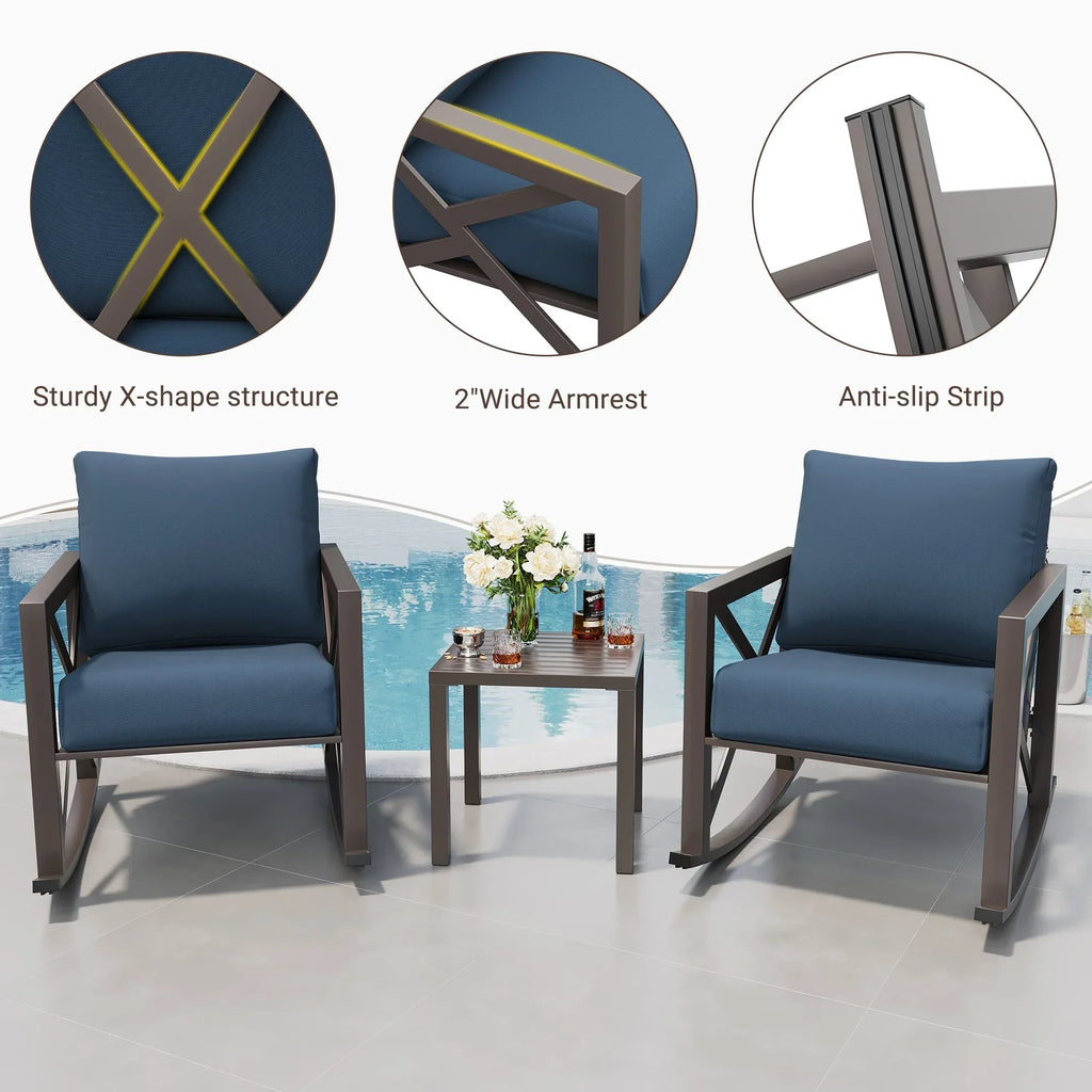 2026 NewMRUAKA Rocking Chair Bistro Set,3 Piece Outdoor Patio Furniture Set with 2 Rockers and 1 Metal Coffee Table with Thick Cushions for Porch,Backyard,Poolside,Beige