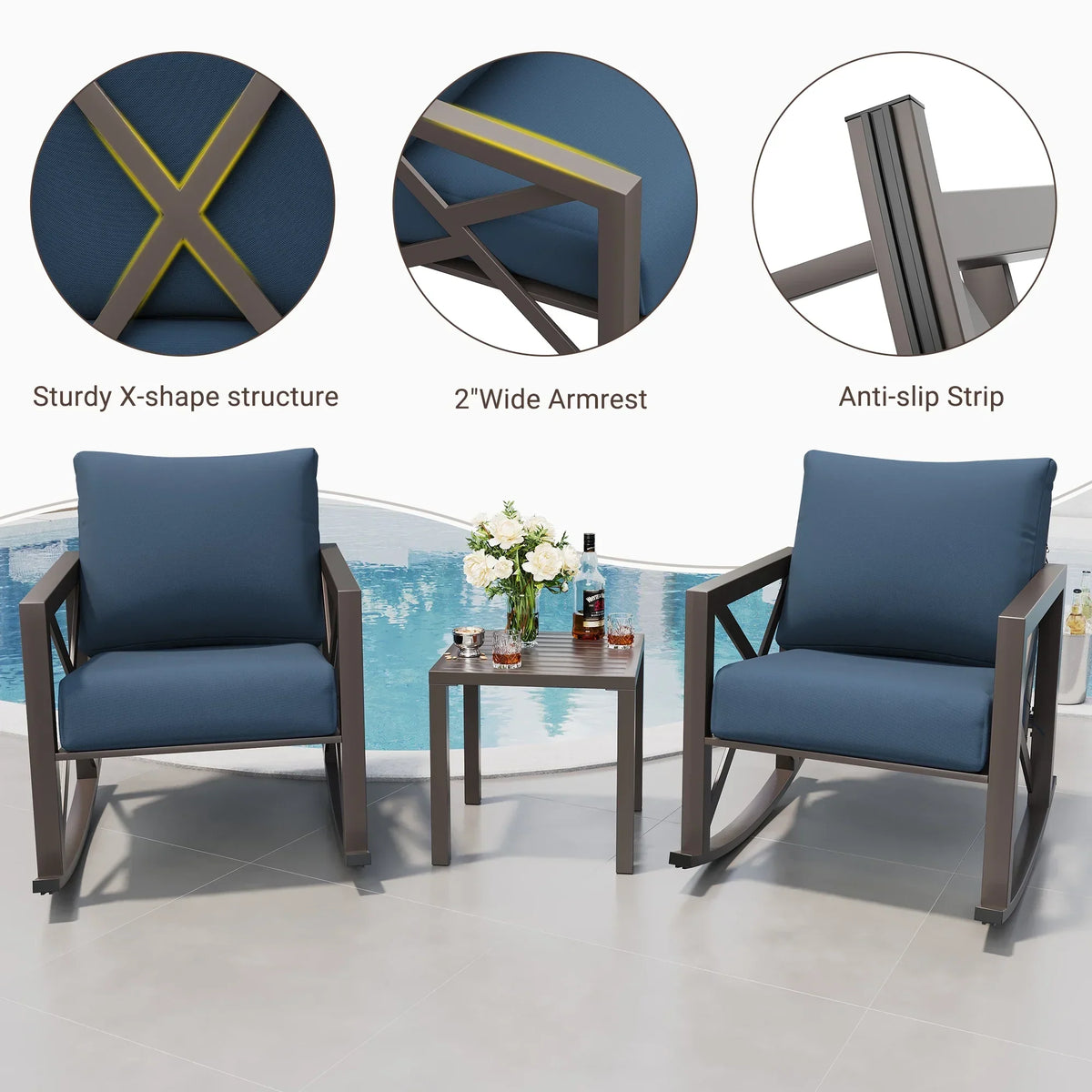 2026 NewMRUAKA Rocking Chair Bistro Set,3 Piece Outdoor Patio Furniture Set with 2 Rockers and 1 Metal Coffee Table with Thick Cushions for Porch,Backyard,Poolside,Beige