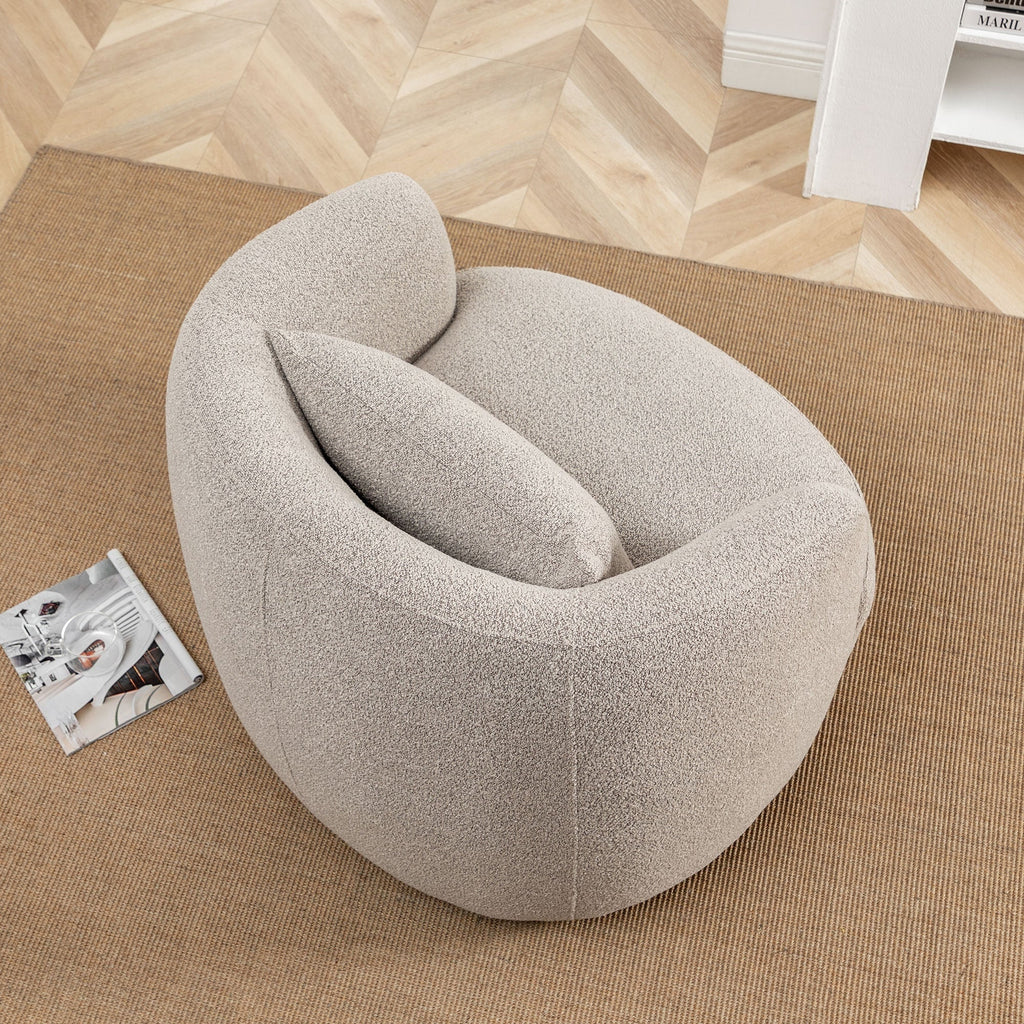 2026 New34" Wide Boucle Swivel Barrel Chair, No Assembly Round Upholstered Armchair Accent Chair Single Sofa Chair with Toss Pillow for Living Room and Bedroom, Taupe