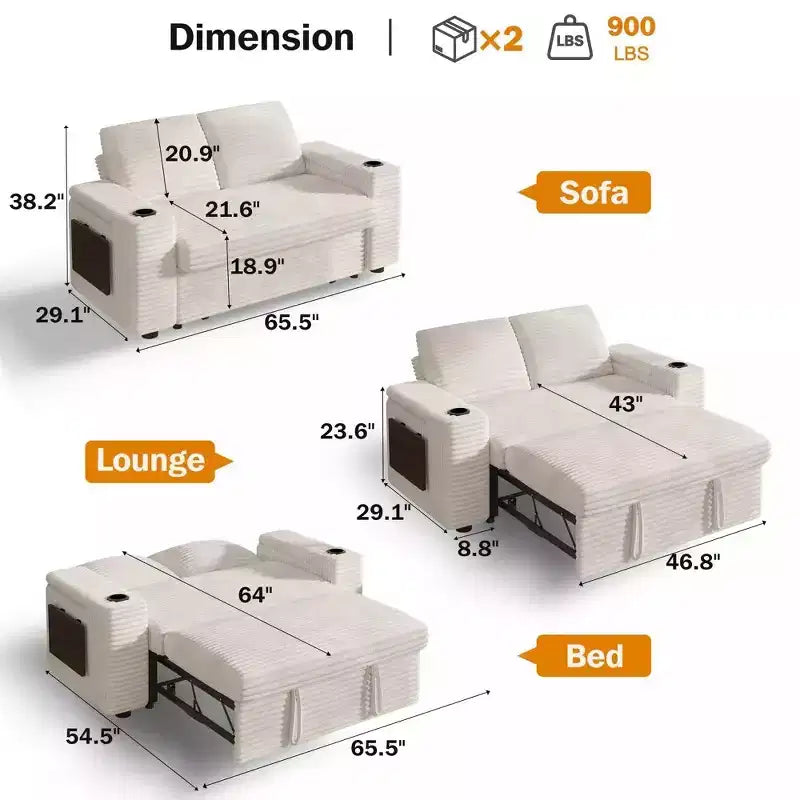 2026 Dyonery Sofá cama 4 en 1 de 65,5" con respaldos ajustables, carga USB/Type-C, portavasos y bolsillos, verde