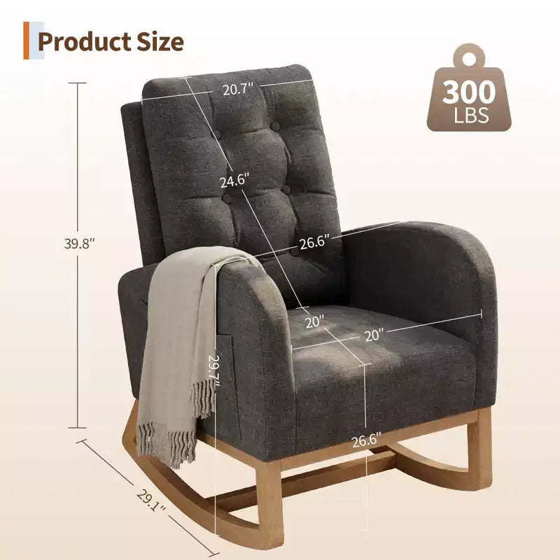 2026 Sillón mecedora deslizante tapizado con bolsillo lateral, estructura de madera, 1 plaza