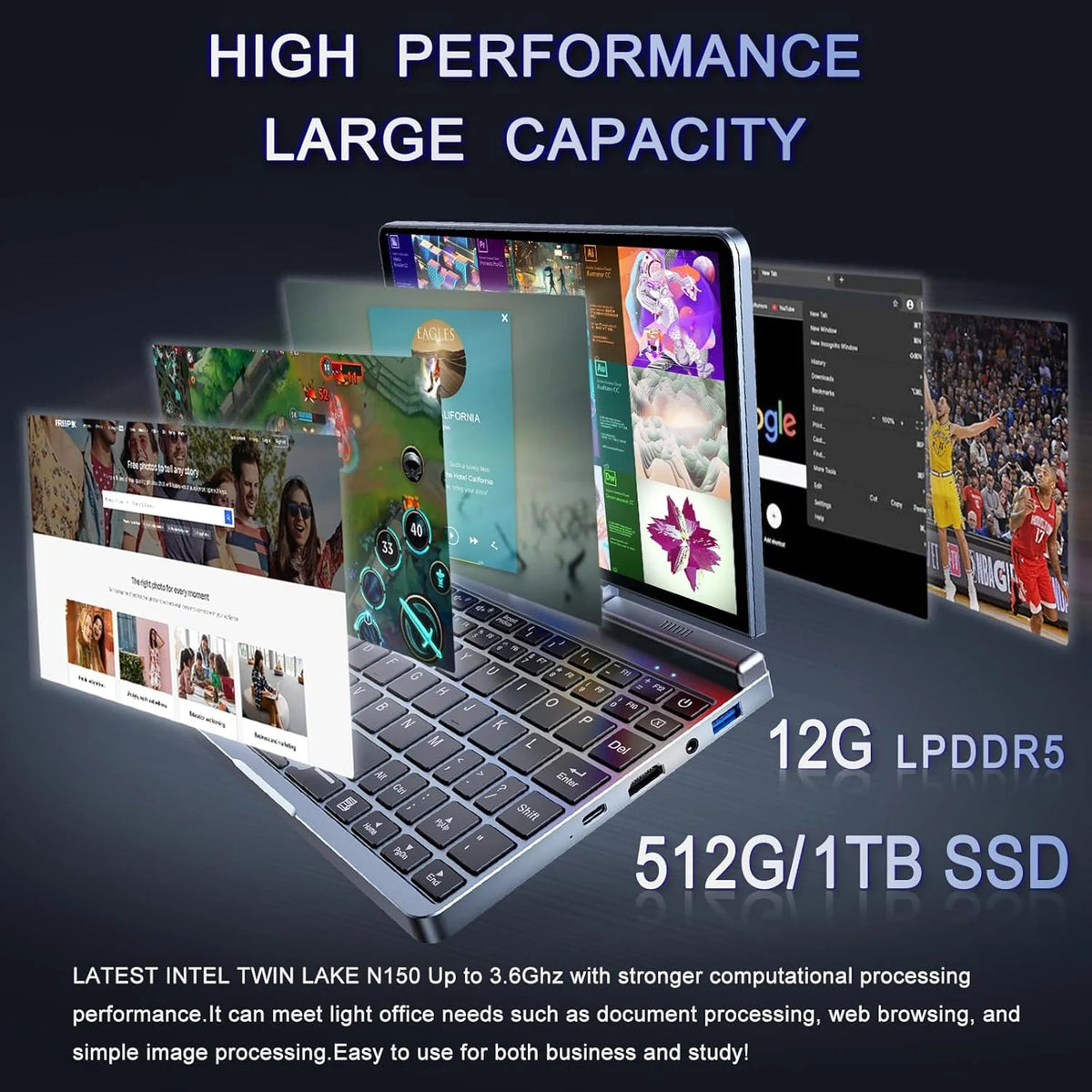 2026 Mini Portátil 8" 2 en 1, Ordenador Portátil Win 11, N150 (hasta 3.6 GHz), 12 GB RAM 1 TB SSD, Pantalla Táctil HD, Teclado Retroiluminado, Wi-Fi 6, USB-C, PC Ligero y Portátil para