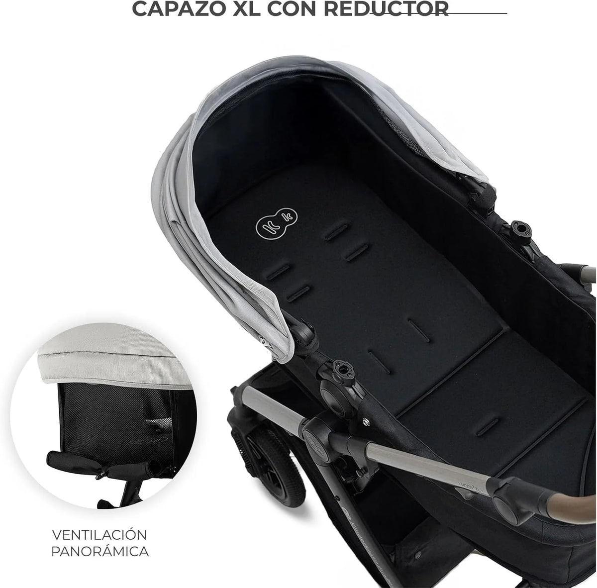 2026 Kinderkraft MOOV XL 3 en 1, Carrito bebé hasta 27 kg, Carro, Con Asiento I-SIZE 40-75 cm, Plegable, Amortiguación, Convertible, Capazo XL, Con accesorios, Gris Claro