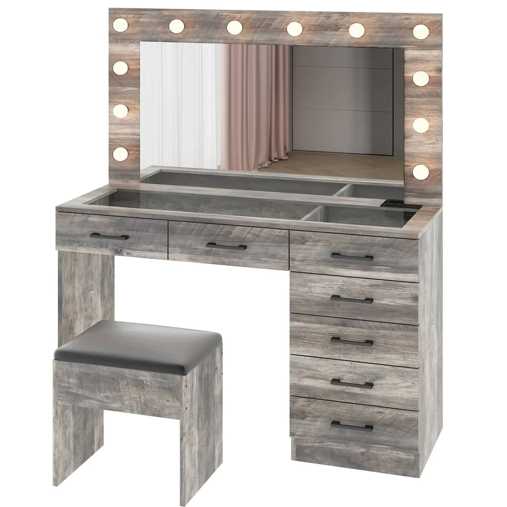 2026 NewKtaxon Large Makeup Vanity, Vanity Table Set w/ Visible Glass Top w/ Charging Station, White