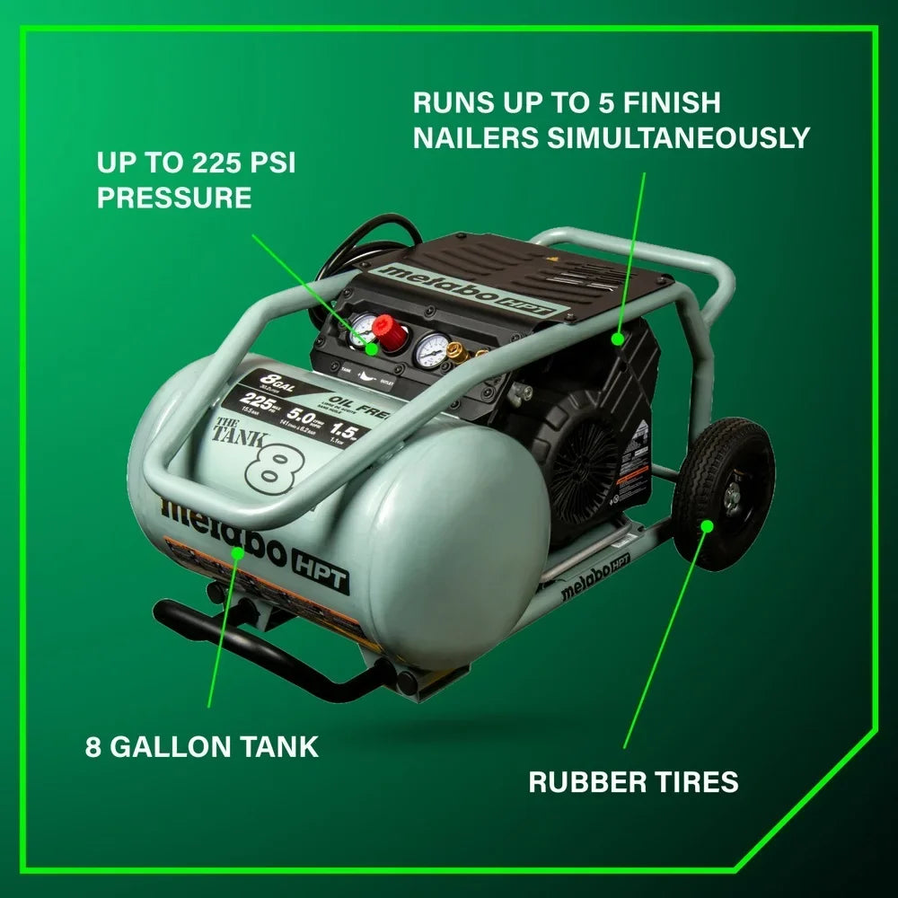 2026 NewMetabo HPT Air Compressor, THE TANK, 8-Gallon Trolley Air Compressor, 225 PSI, Versatile for Use with Framing, Siding, Finish, or Roofing Nailers, Easy Mobility with Rubber Tires, EC1315S
