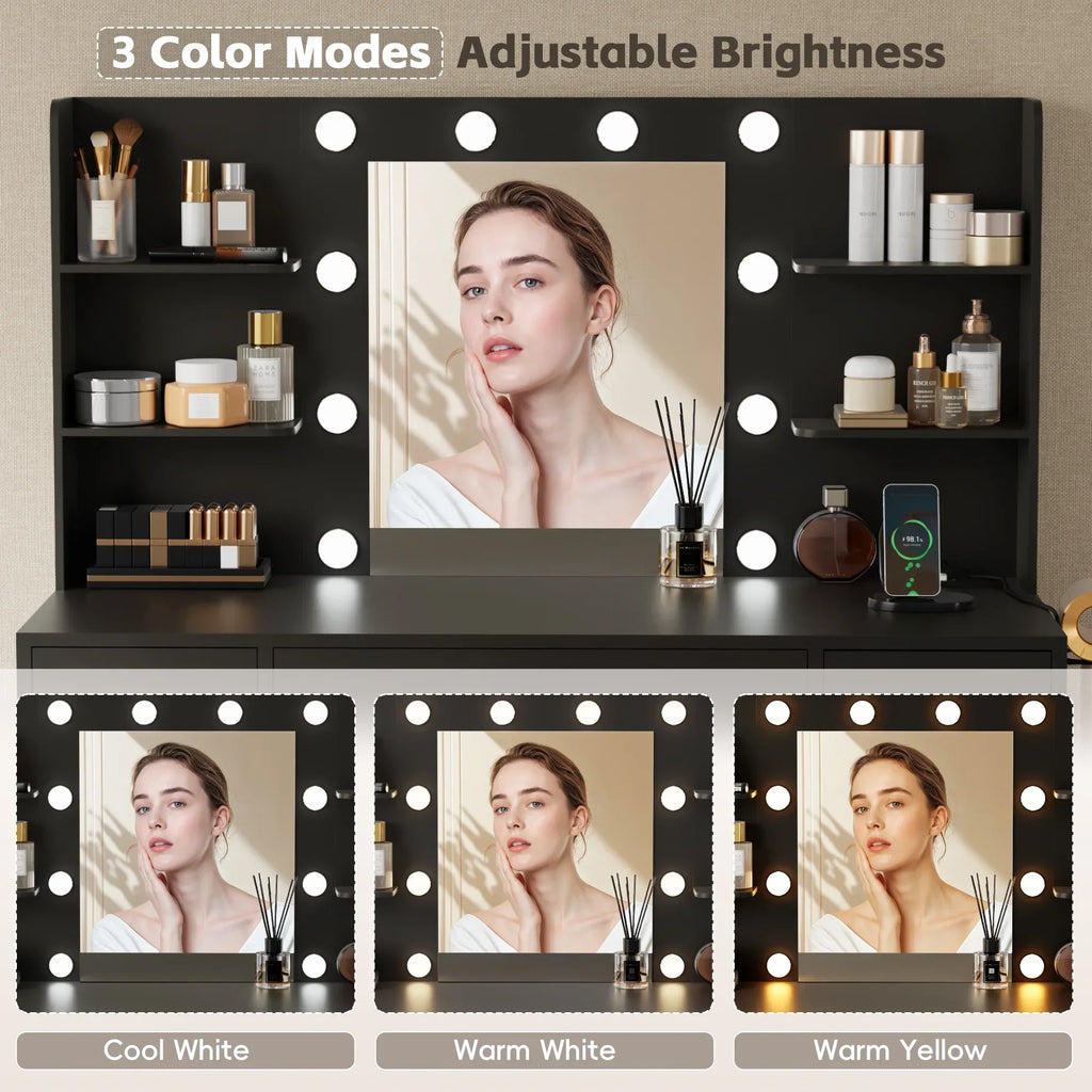 2026 NewLacoo Vanity Desk with Mirror and LED Lights, Makeup Vanity with 7 Drawers & 4 Shelves, Vanity Table with Power Outlet for Bedroom Dressing Room, White
