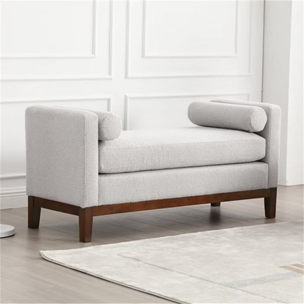 2026 NewEnd of Bed Bench, 53.5" Boucle Fabric Upholstered Entryway Bench with Wood Legs & Bolster Pillows, Rolled Arm Cushioned Ottoman Foot Rest Long Stool Window Extra Seating for Bedroom, Ivory