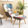 2026 NewModern Accent Chair with Solid Wood Legs and High Wing Backrest, Side Chair Set with Ottoman, Comfy Side Armchair for Living Room, Reading Room, Bedroom, Colorful Patchwork