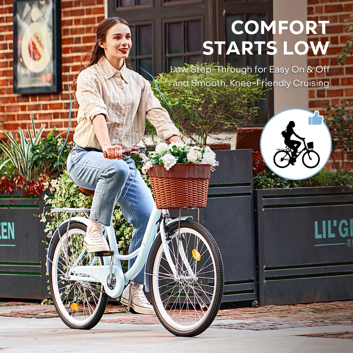 2026 NewViribus Women's Comfort Bike 24 inch Beach & City Cruiser Bicycle with Basket Rack White