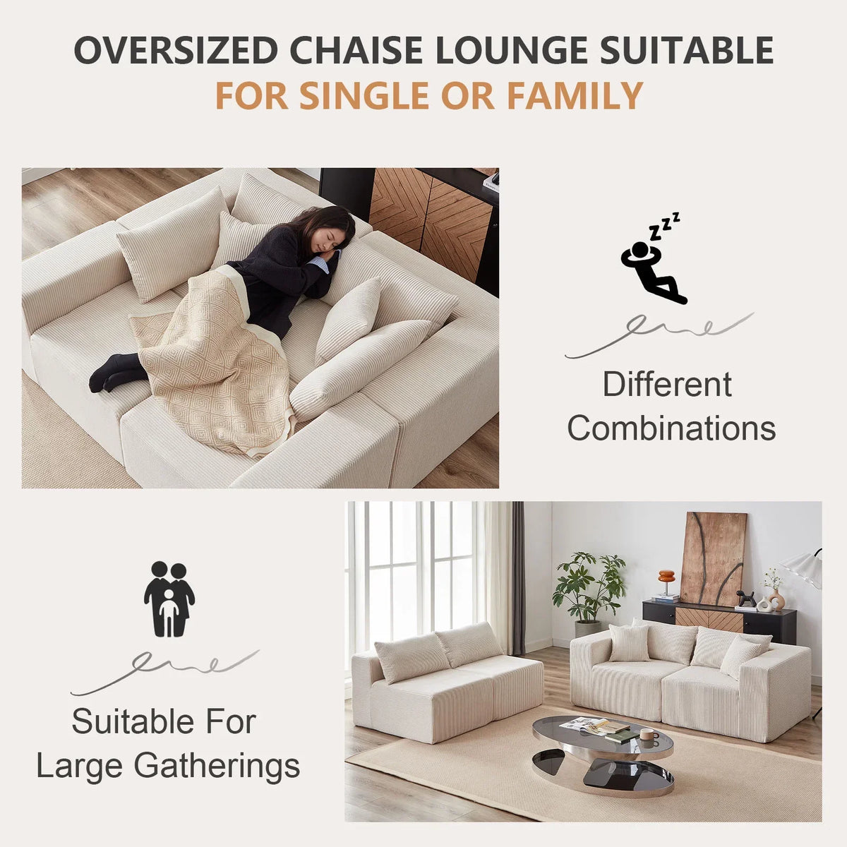 2026 New104-Inch Corduroy Modular L Shaped Sectional Sofa,Luxury Floor Couch Set,Upholstered Indoor Furniture,Foam-Filled Compressed Sofa for Living Room,Bedroom,4 PC Free Combination