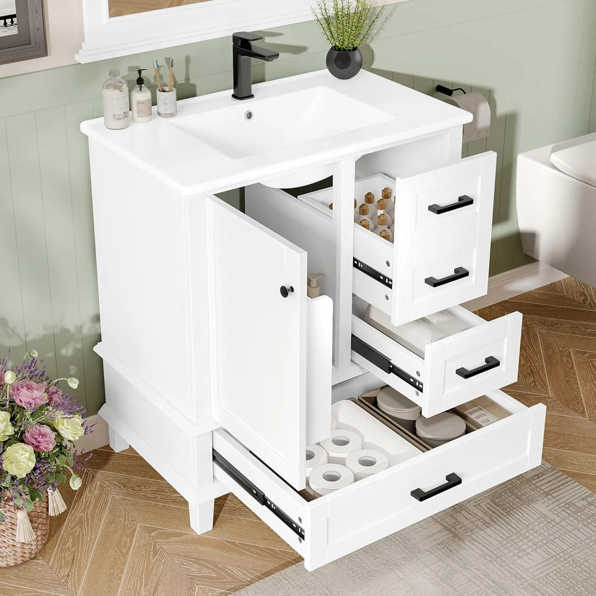2026 Moimhear Mueble de baño de pie, lavabo, lacado completo, tres cajones silenciosos, lavabo de cerámica integrado (blanco, 76 x 46 x 83,5 cm)