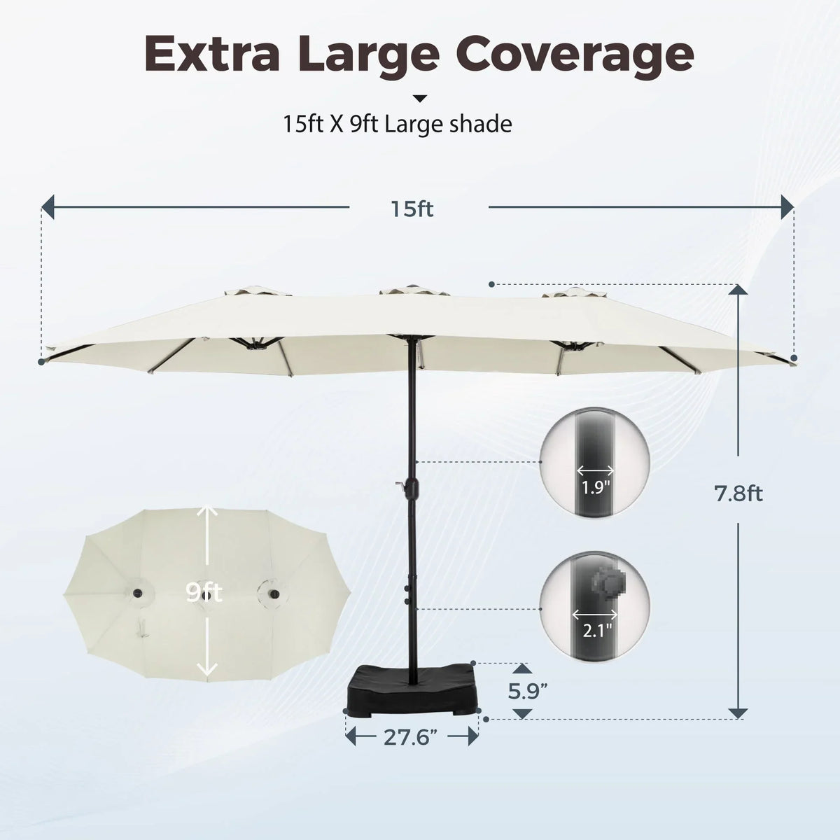 2026 NewAlpha Joy 15ft Outdoor Patio Umbrella Extra-Large Double-Sided Garden Umbrella with Crank Handle and Base - Smoky Gray