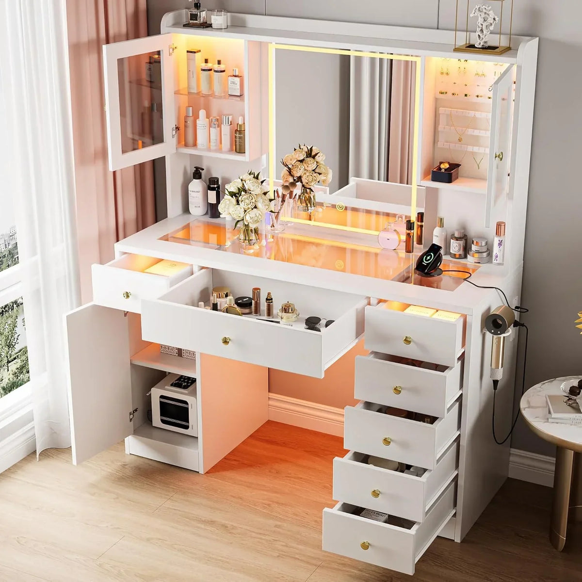 2026 NewiPormis Vanity Desk with Mirror and Lights, Glass Top Makeup Vanity with RGB Light and Charging Station for Girls, White