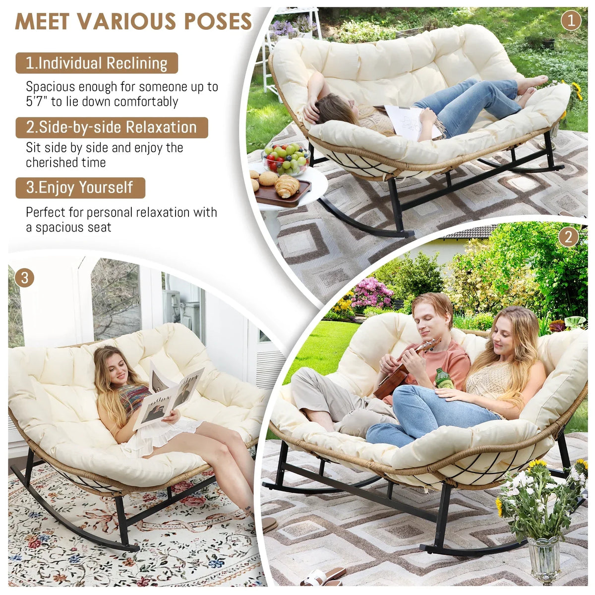 2026 NewRADIATA Beige Double Outdoor Rocking Chair, 2 Person Patio Rocking Egg Chair with Thick Cushion