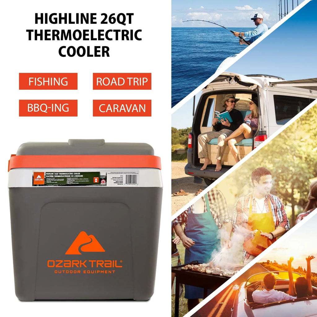 2026 NewOzark Trail 26QT electric Cooler 12V Portable Travel Beach Camping Picnic Insulated Cooler 30 Cans Iceless 24L, Grey