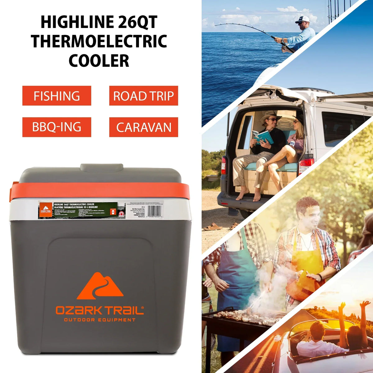 2026 NewOzark Trail 26QT electric Cooler 12V Portable Travel Beach Camping Picnic Insulated Cooler 30 Cans Iceless 24L, Grey