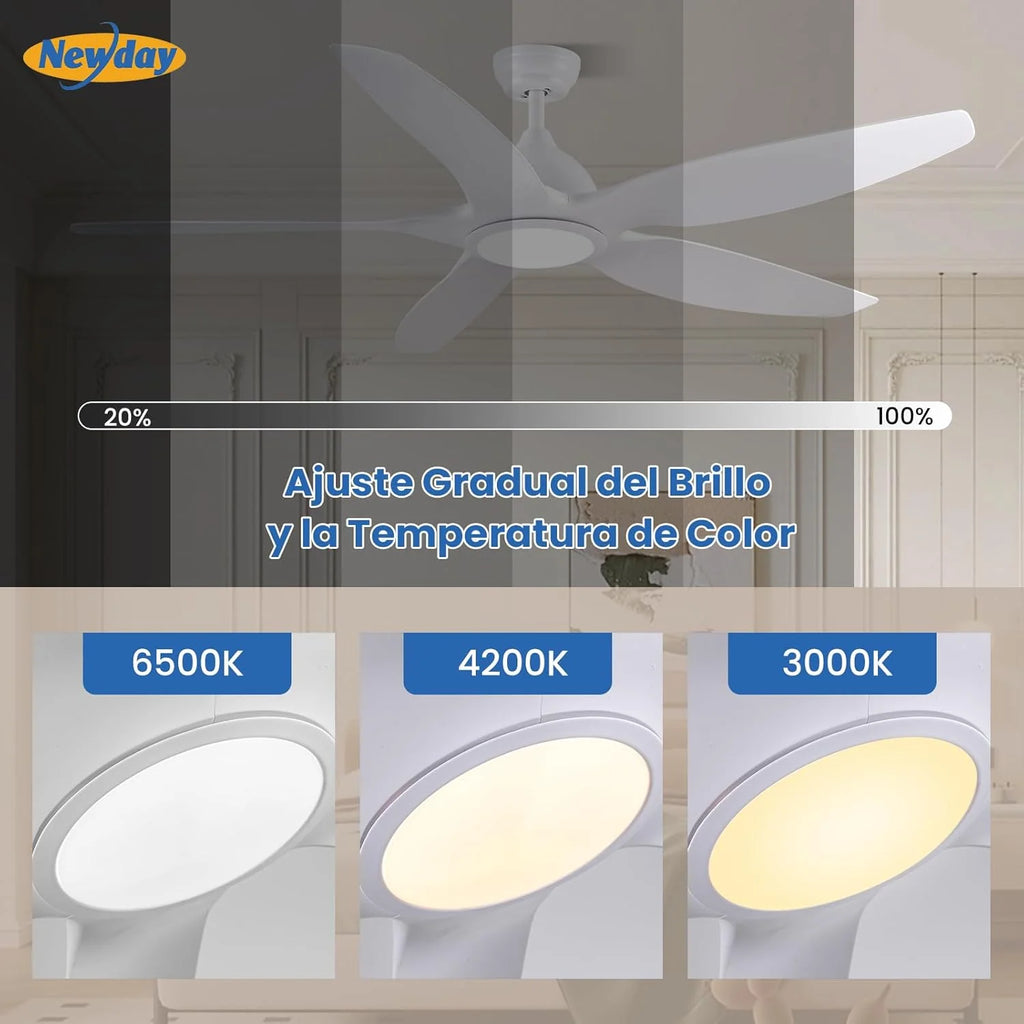 2026 Newday Ventilador de techo de 153 cm, blanco, con luz y mando a distancia, regulador LED, motor DC reversible, 5 aspas silenciosas
