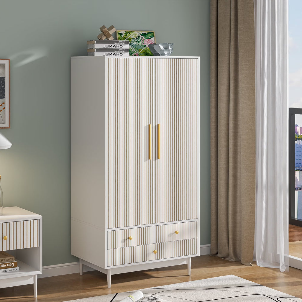 2026 NewArmoire Wardrobe Closet with 2 Doors, Wardrobe Cabinet with Hanging Rod and Drawers, Wooden Closet for Bedroom, White