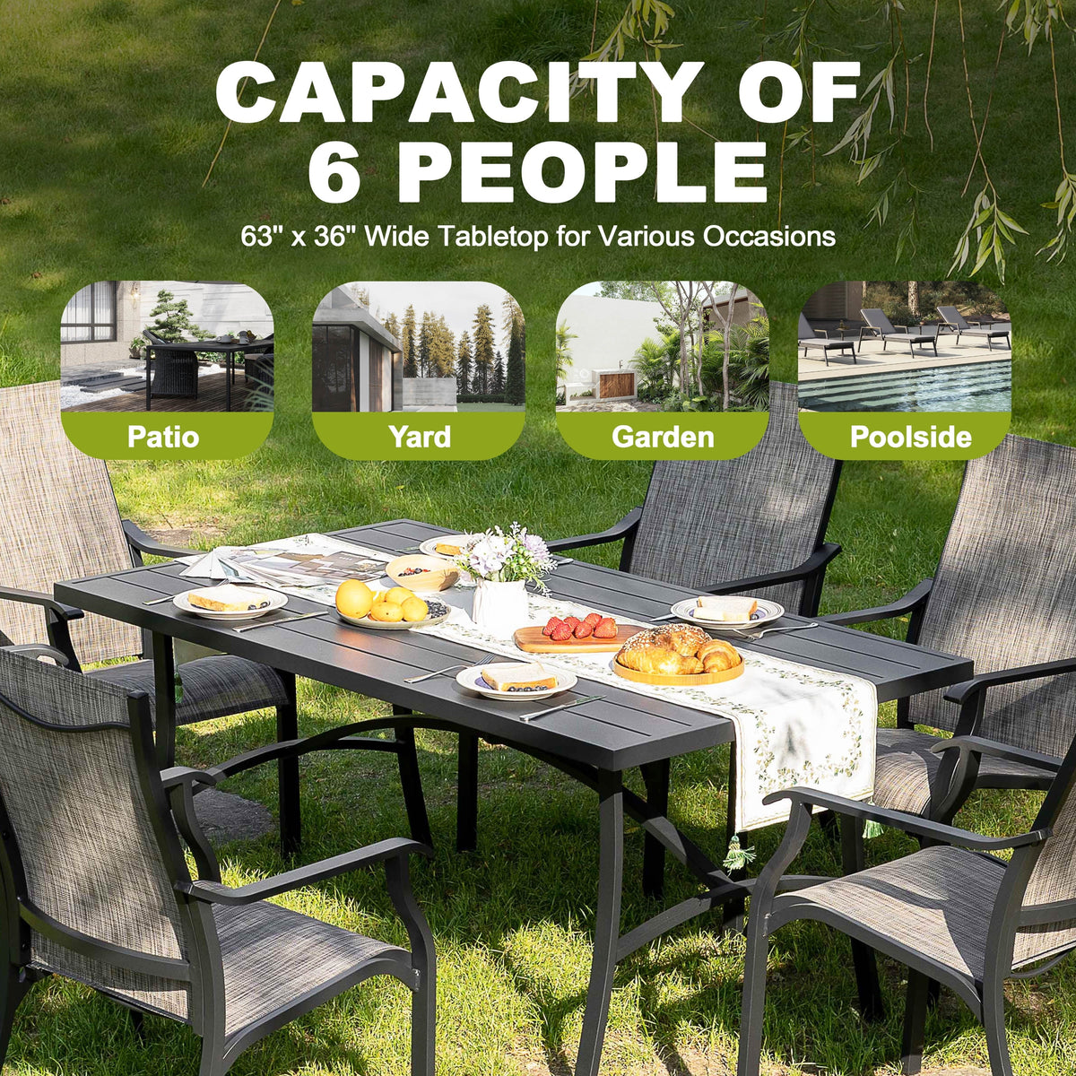 2026 NewNuu Garden 7 Piece Patio Dining Set, Rust-Resistant Aluminum Outdoor Dining Set, Include 6 Textilene Chairs and Rectangle Dining Table with Umbrella Hole, Grayish Brown