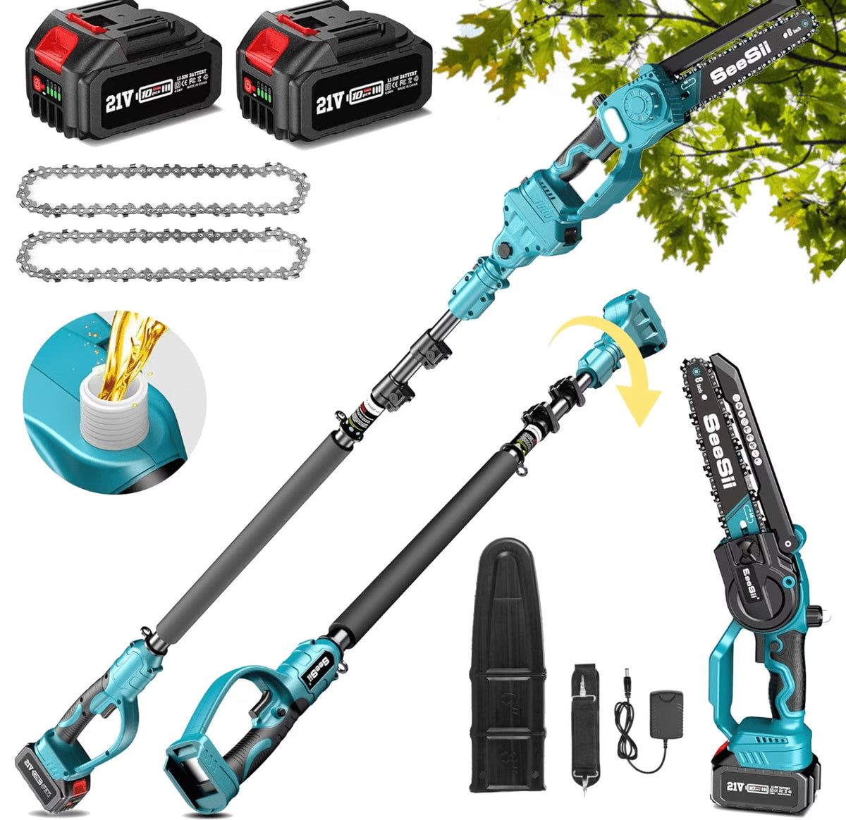 2026 NewSeesii 2-in-1 Cordless Pole Saw, 8 Inch Brushless Mini Chainsaw with Extension Pole, 16ft Max Pole Saws with 2x 21V Batteries for Tree Trimming, Branches Pruning, Wood Cutting