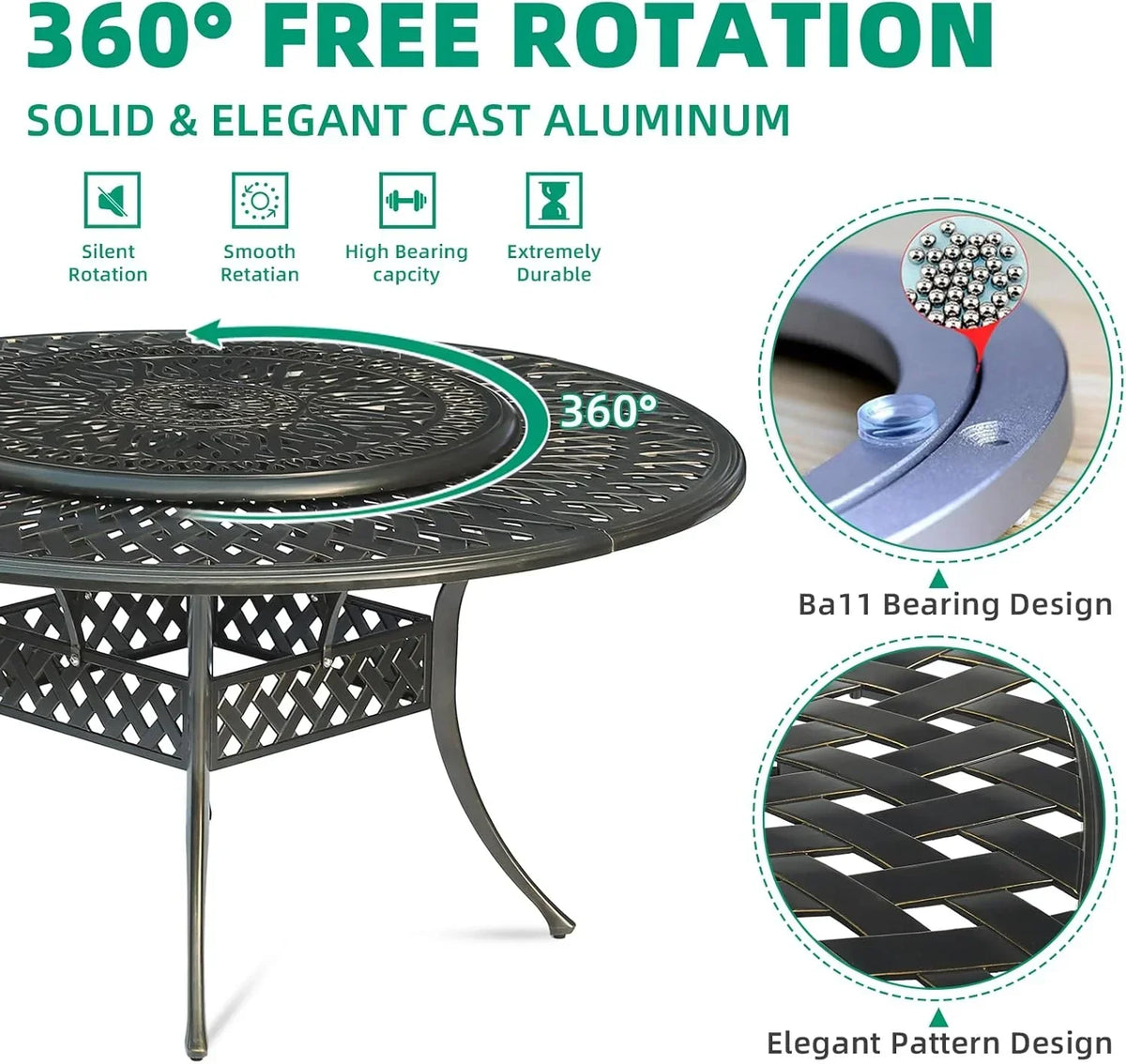 2026 NewVIVIJASON Outdoor 61" Patio Dining Table for 6-8 Person, Large Patio Round Dining Table with 24" Lazy Susan, Dark Bronze Cast Aluminum Rustic Patio Table W/Umbrella Hole for Balcony, Porch and Deck