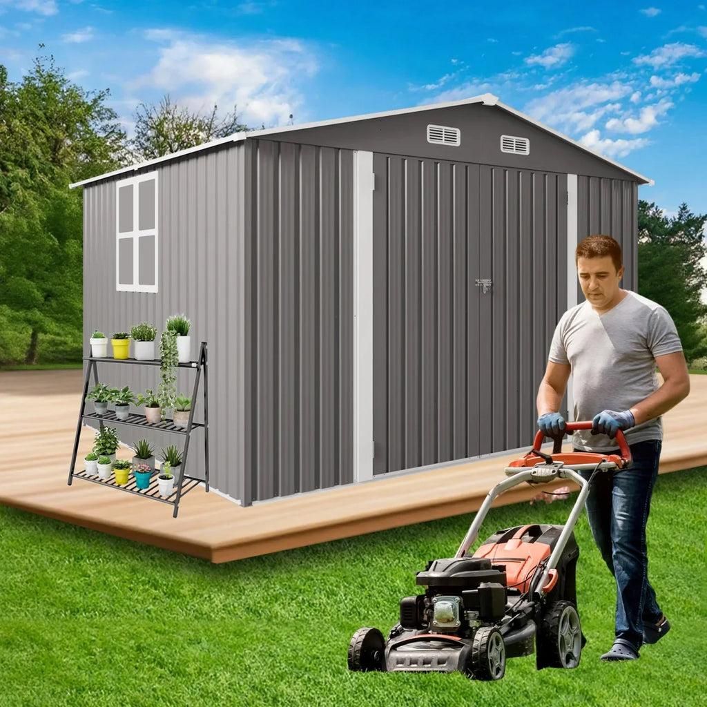 2026 New10 x 8 FT Outdoor Storage Shed, Large Metal Storage Shed, Lockable Door and Air Vent, Clear Window Garden Tool Shed for Bicycles, Tools, Lawnmowers, Backyards, Patios, Lawns - Gray