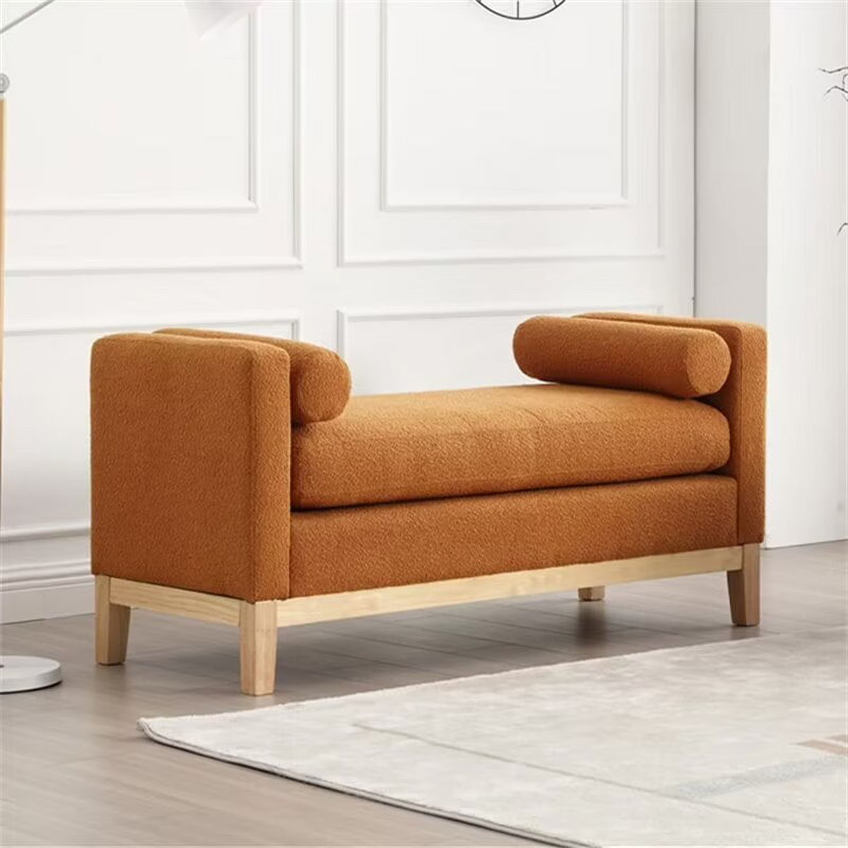 2026 NewEnd of Bed Bench, 53.5" Boucle Fabric Upholstered Entryway Bench with Wood Legs & Bolster Pillows, Rolled Arm Cushioned Ottoman Foot Rest Long Stool Window Extra Seating for Bedroom, Ivory