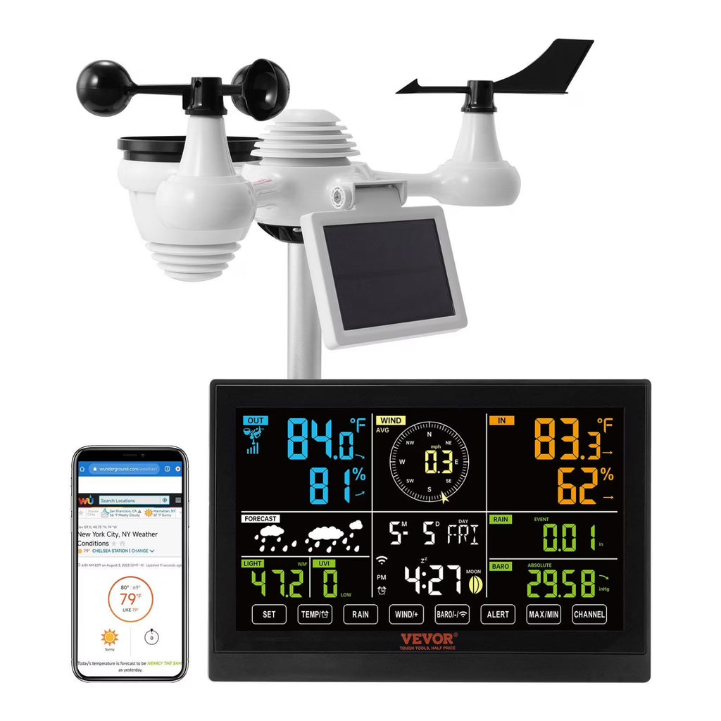 2026 New7-in-1 Wi-Fi Weather Station 7.5" Color Display Indoor Outdoor with Solar Sensor Temperature Humidity Wind Rain Alerts