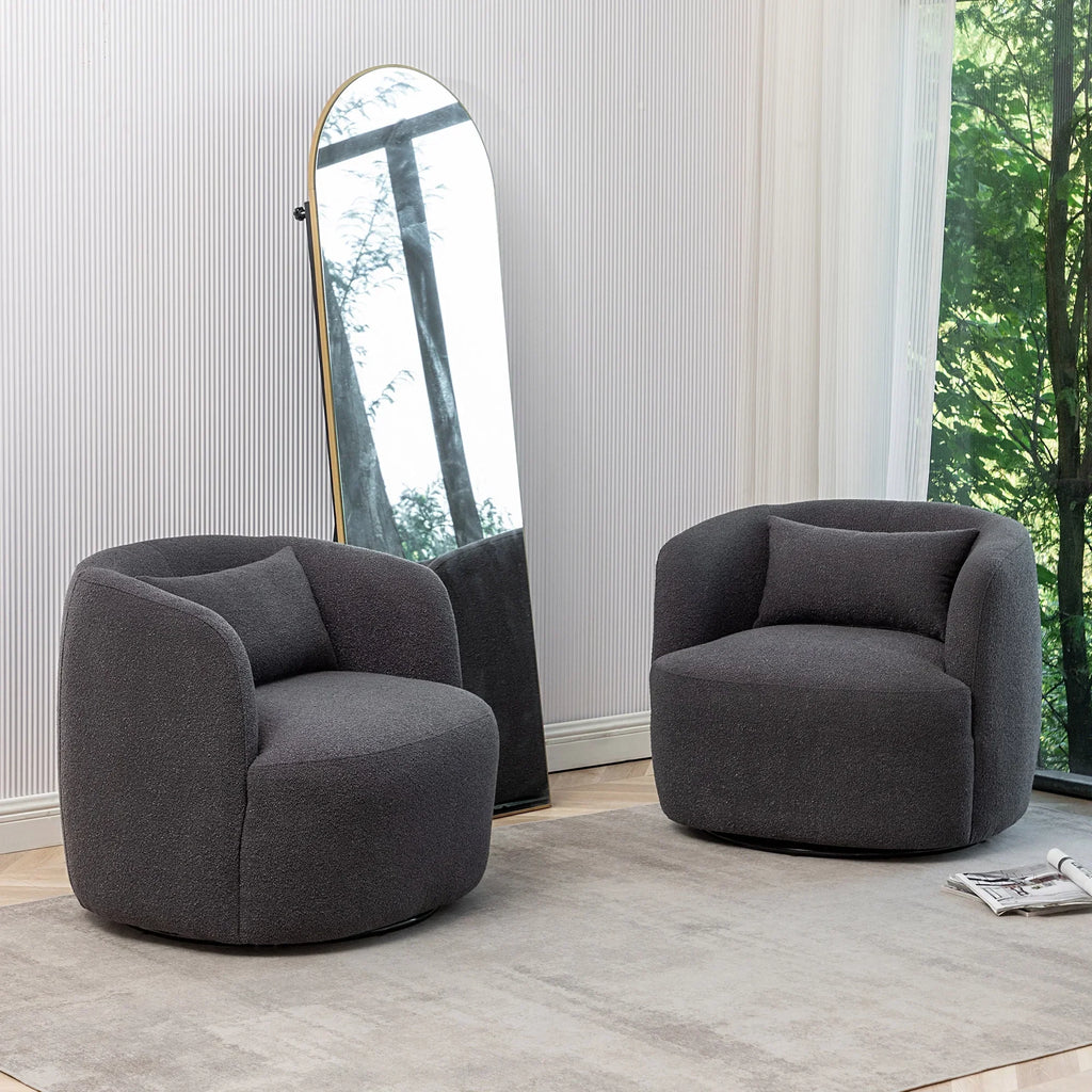 2026 New34" Wide Boucle Swivel Barrel Chair, No Assembly Round Upholstered Armchair Accent Chair Single Sofa Chair with Toss Pillow for Living Room and Bedroom, Taupe