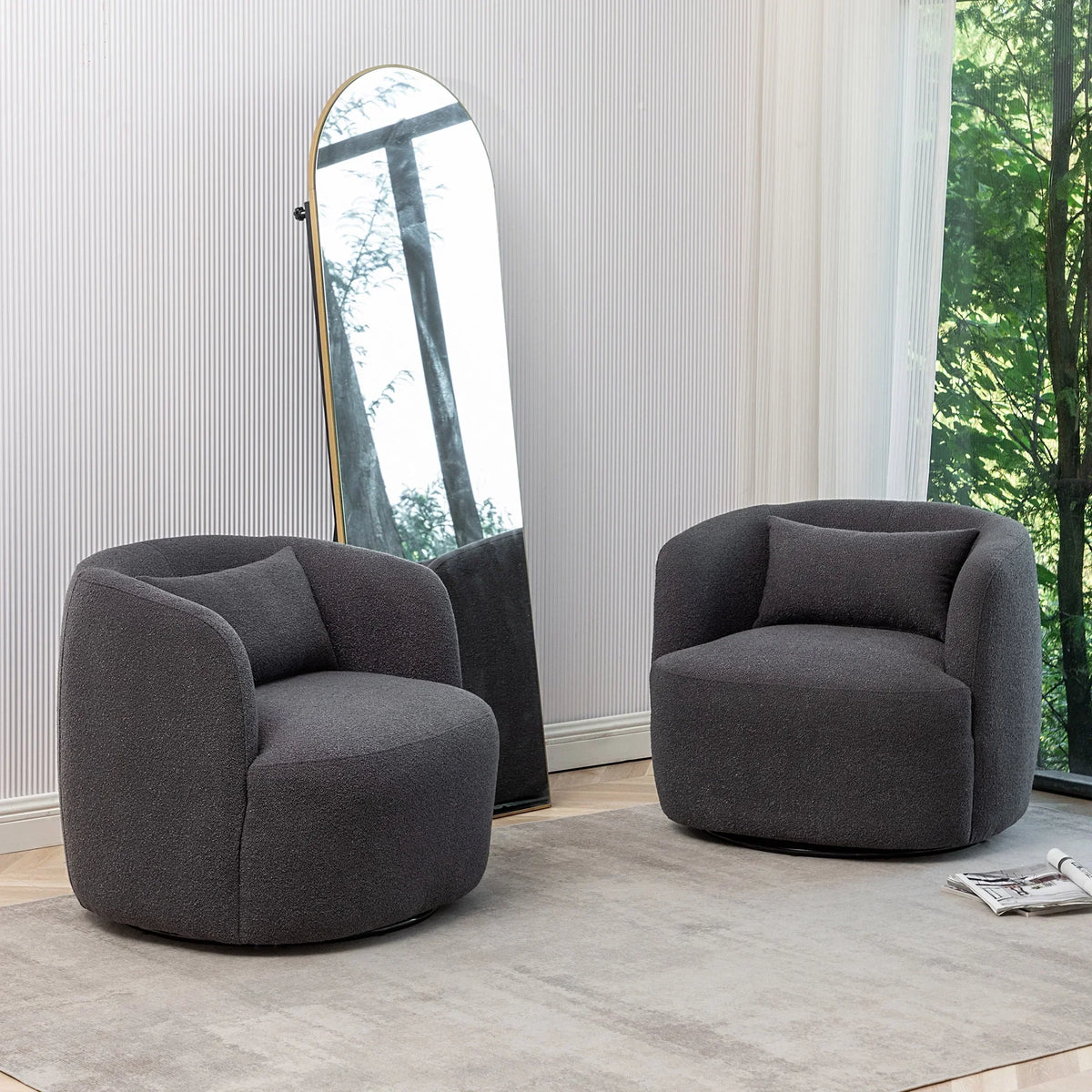 2026 New34" Wide Boucle Swivel Barrel Chair, No Assembly Round Upholstered Armchair Accent Chair Single Sofa Chair with Toss Pillow for Living Room and Bedroom, Taupe