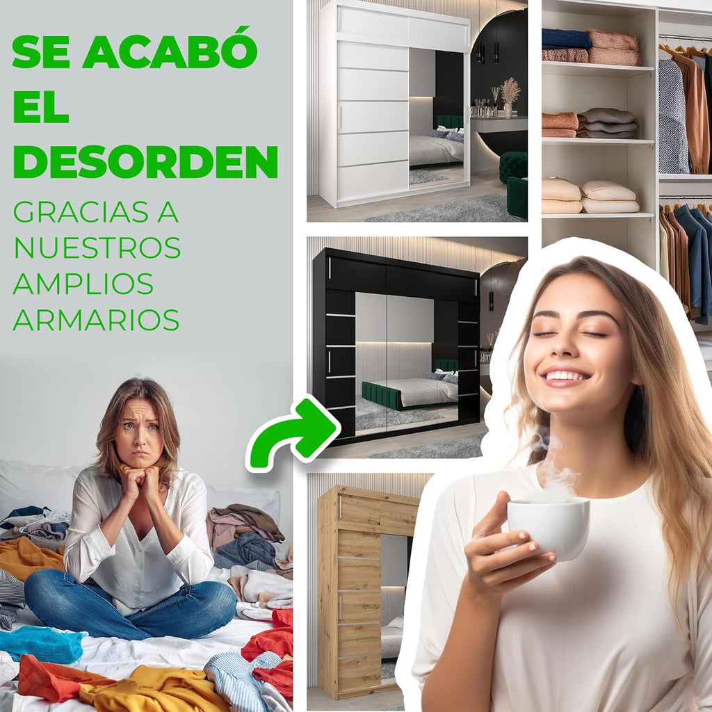 2026 ABIKSMEBLE Verona 2 180 Armario 2 Puertas Correderas para Dormitorio - Armario Moderno con Espejo, Barra y Estantes - 180x200x62 cm (Ancho x Alto x Fondo) - Sonoma Blanco Mate