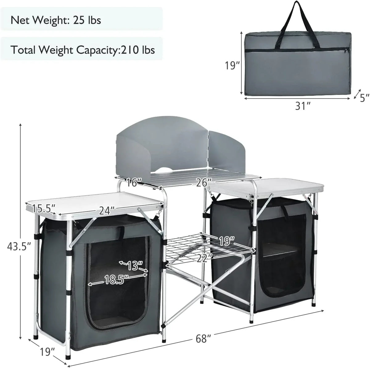 2026 NewCamping Kitchen Table with Storage, Aluminum Portable Outdoor Cooking Table with Windscreen, Foldable Camp Table Cook Station for BBQ, Grill, Party, Picnics
